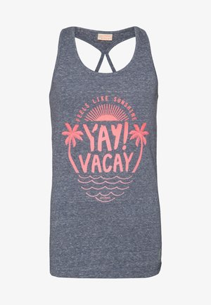 Débardeur gris sans manches avec bretelles croisées et texte et graphiques roses indiquant « Feels like sunshine YAY! VACAY » avec des palmiers et des vagues.