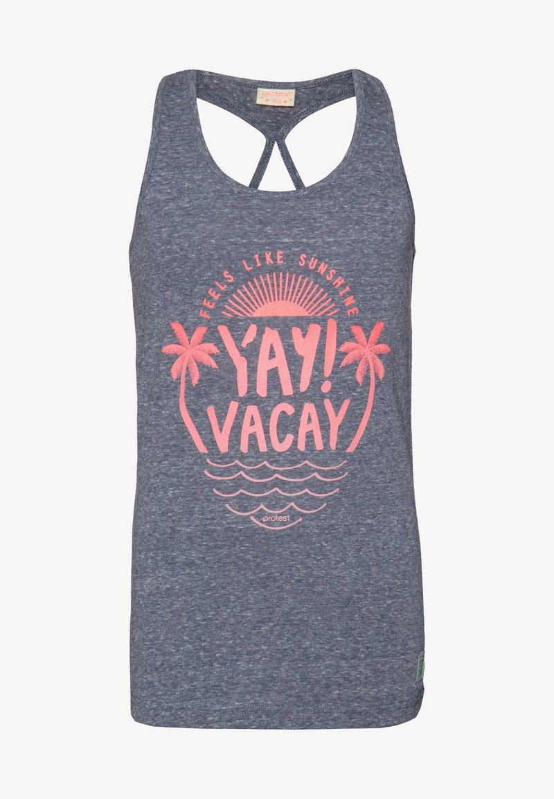 Débardeur gris sans manches avec bretelles croisées et texte et graphiques roses indiquant « Feels like sunshine YAY! VACAY » avec des palmiers et des vagues.