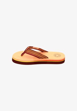 Flip-flop featuring a light pink rubber sole with a dark red bottom, and patterned dark red straps woven with yellow accents.