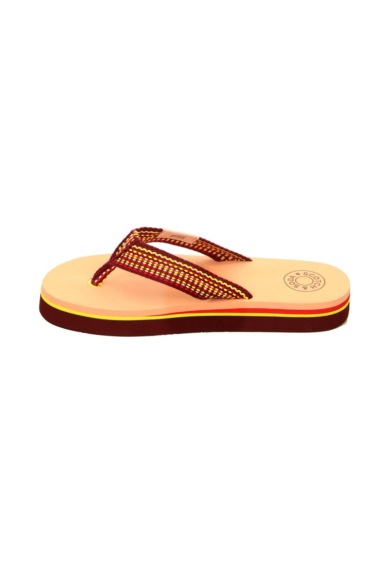 Flip-flop featuring a light pink rubber sole with a dark red bottom, and patterned dark red straps woven with yellow accents.