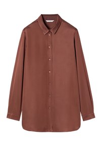 Brown, long-sleeve shirt made of satin with a button-up front, collar, and full length with a straight hem. Buttons match fabric color.