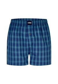 Pánské modré kostkované šortky vyrobené z lehké tkaniny. Obsahují elastický pas a jediné knoflíkové zapínání vpředu.