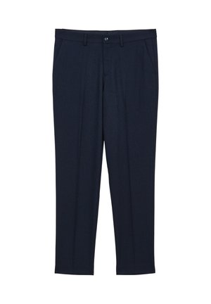 Dunkelblaue Hose aus strukturiertem Stoff mit flachem Vorderteil, zwei seitlichen Taschen und einem einzigen Knopfverschluss. Maßgeschneiderte Passform.