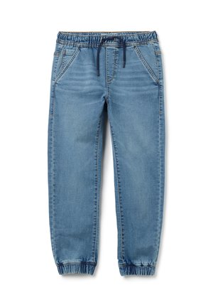 Lichtblauwe denim joggerbroeken met elastische tailleband en trekkoord. Voorzien van boorden bij de enkels en twee voorkonten. Gladde textuur.