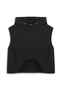 Czarna bezrękawnikowa, skrócona bluza z kapturem, z akcentami w postaci srebrnych agrafek i surowymi krawędziami, co nadaje jej swobodny styl.