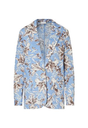 Blazer azzurro chiaro con grande stampa floreale marrone e bianca, chiusura con un bottone, rever a incavo e maniche lunghe.