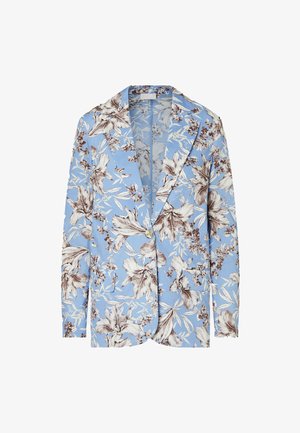 Blazer azzurro chiaro con grande stampa floreale marrone e bianca, chiusura con un bottone, rever a incavo e maniche lunghe.