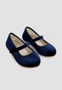 Pantofi Mary Jane din catifea bleumarin, cu vârful rotund, având o margine și o curea negre. Talpa este plată și de culoare bej.