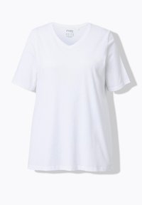 T-shirt bianco a maniche corte con scollo a V, realizzato in cotone morbido. Presenta una linea dritta e una vestibilità rilassata, con dettagli di cucitura minimi.
