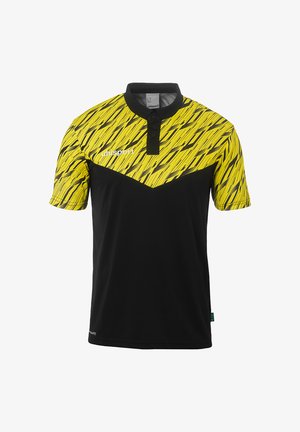 Zwarte poloshirt met een levendige gele bovenkant met een gegolfd patroon. Inclusief een kraag met drie knopen en een logo op de borst.