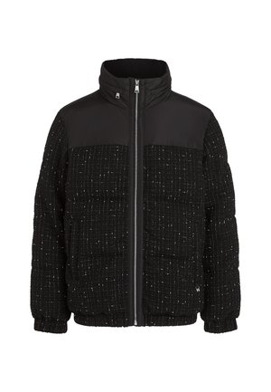 Black puffer jacket with textured woven fabric and smooth yoke, front zipper, high collar, and elastic cuffs and hem.