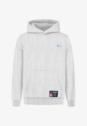 Sudadera gris claro hecha de una suave mezcla de algodón, con un bolsillo frontal, puños de canalé y un pequeño logotipo azul en el pecho. Detalle con parche deportivo.