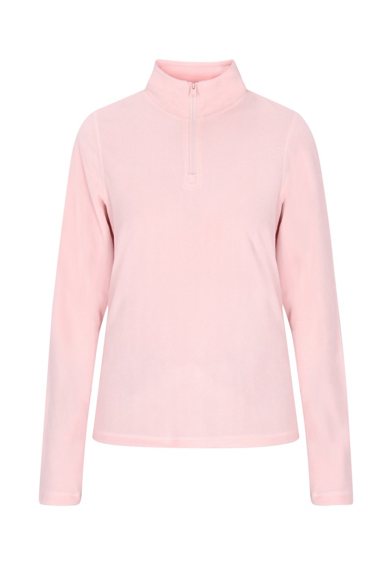 Pullover in felpa rosa chiaro con colletto a mezza zip, maniche lunghe e una texture liscia. Design minimalista, senza motivi né accenti.