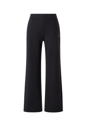 Pantalon large noir en tissu doux, avec une taille élastique et un détail de logo sur le côté, conçu pour le confort et la liberté de mouvement.