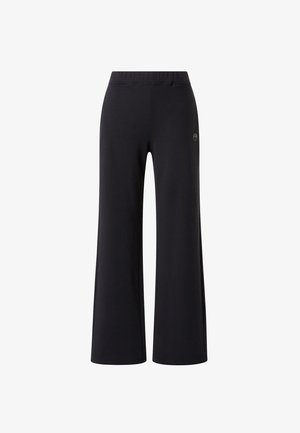 Pantaloni neri a gamba larga realizzati in un tessuto morbido, dotati di una vita elasticizzata e un dettaglio logo laterale, progettati per comfort e libertà di movimento.