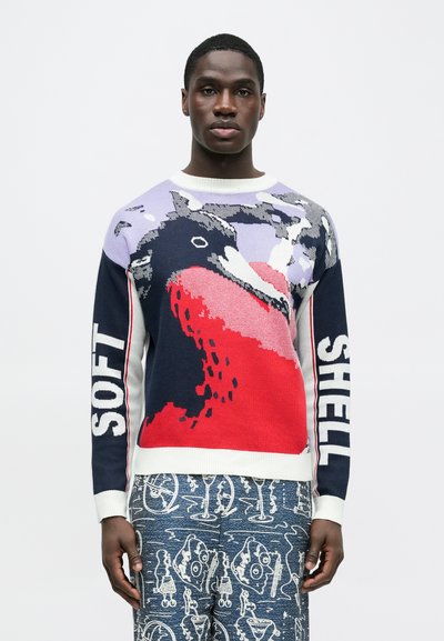 Πολύχρωμο πλεκτό πουλόβερ με γραφικό σχέδιο σε κόκκινες, ναυτικές και λεβαντίνες αποχρώσεις, με rib ύφασμα στις μανσέτες και τολμηρό κείμενο που αναγράφει "SOFT SHELL".