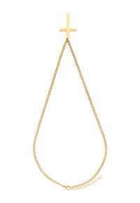 Zlatni ton necklace s minimalističkim privjeskom u obliku križa na tankom lancu s kopčom u obliku jastučića. Glatka površina i okrugli karici.