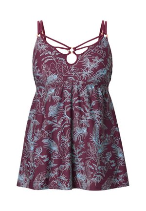 Bordeaux tankini-top met een bloemen- en vogelsprint in lichtblauw. Schouderbandjes ontwerp met sleufdetail aan de voorkant en een geplooide taille. Zachte stof.