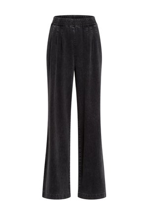 Schwarze weit geschnittene Denim-Hosen mit elastischem Bund und vorderen Falten. Sie zeichnen sich durch eine glatte Textur und gerade Säume aus.