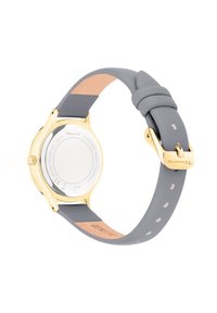 Grauem Lederarmbanduhr mit Gehäuse aus vergoldetem Edelstahl. Verfügt über eine glatte Oberfläche und eine runde Form, die ein minimalistisches Design zeigt.