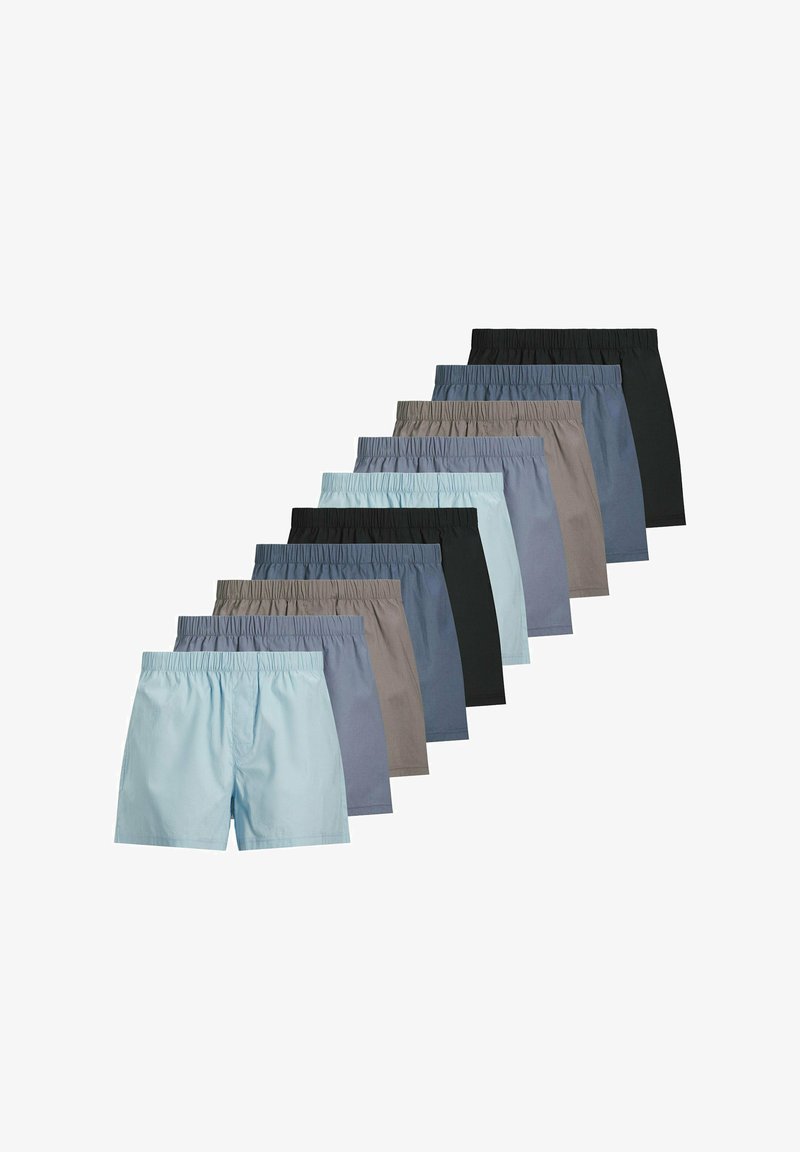 Dix paires de boxers pour hommes à taille élastique disposées en rangée décalée, avec des couleurs incluant bleu clair, gris, bleu marine et noir.