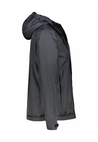 Giacca leggera grigio scuro con cerniera, cappuccio regolabile e tasche. Caratterizzata da una texture liscia e una vestibilità comoda.