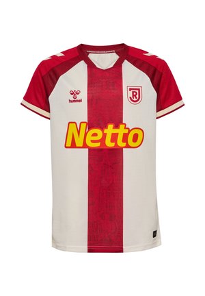 Biała i czerwona koszulka piłkarska z centralnym czerwonym paskiem, żółtym logo Netto, logo Hummel oraz herbem RJ na piersi.