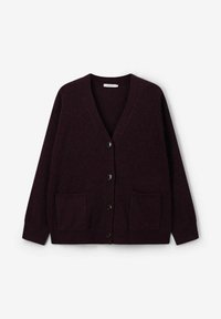 Cardigan bordeaux en tissu doux, avec un col en V, trois boutons et deux poches avant avec des poignets côtelés.