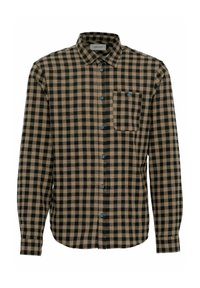 Kostkovaná košile v hnědé a černé barvě, vyrobená z texturované látky, s knoflíkovou légou, límcem, dlouhými rukávy a náprsní kapsou. Detaily tvoří modré knoflíky.