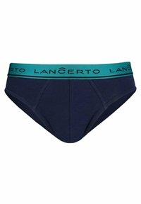 Granatowe męskie slipy z turkusowym elastycznym pasem, na którym znajduje się czarne logo "LANCERTO". Zaprojektowane w klasycznym kroju i z bawełny.