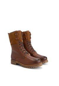 Bruine leren en suede laarzen met een ronde neus, vetersluiting aan de voorkant en twee drukknoopsluitingen op de bovenkant. Texture zool voor grip.