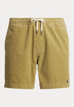 Shorts en velours côtelé marron clair avec taille élastique et cordon blanc, avec un petit logo bleu brodé en bas de la jambe droite.