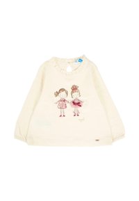 Długo rękawowa bluzka w kolorze kremowym z falbaną przy dekolcie, z dwoma ilustracjami dziewczynek w różowych strojach. Wytrzymała bawełniana tkanina z elastycznymi mankietami.