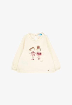 Top a maniche lunghe crema con scollo arricciato, caratterizzato da due ragazze illustrate in outfit rosa. Tessuto di cotone resistente con polsini elasticizzati.