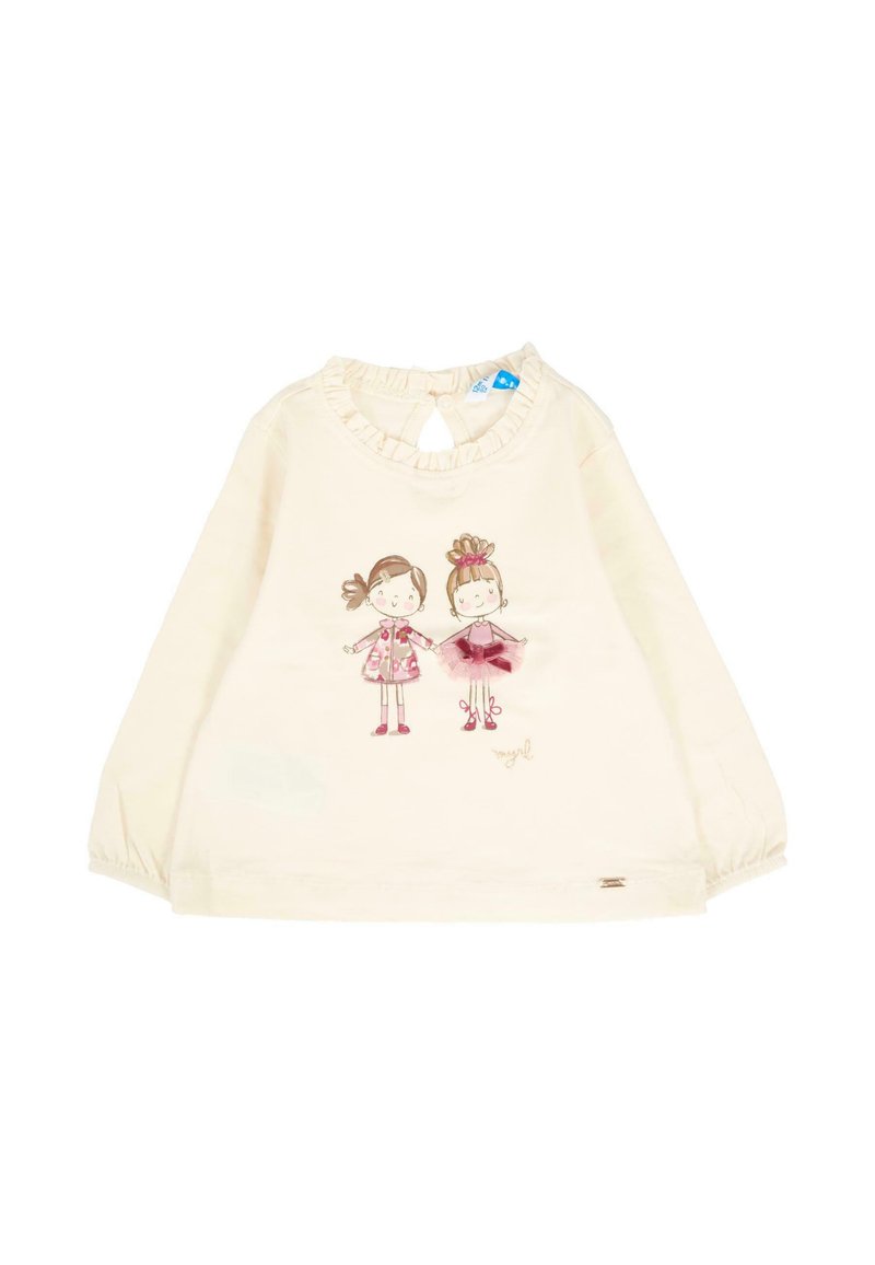 Długo rękawowa bluzka w kolorze kremowym z falbaną przy dekolcie, z dwoma ilustracjami dziewczynek w różowych strojach. Wytrzymała bawełniana tkanina z elastycznymi mankietami.