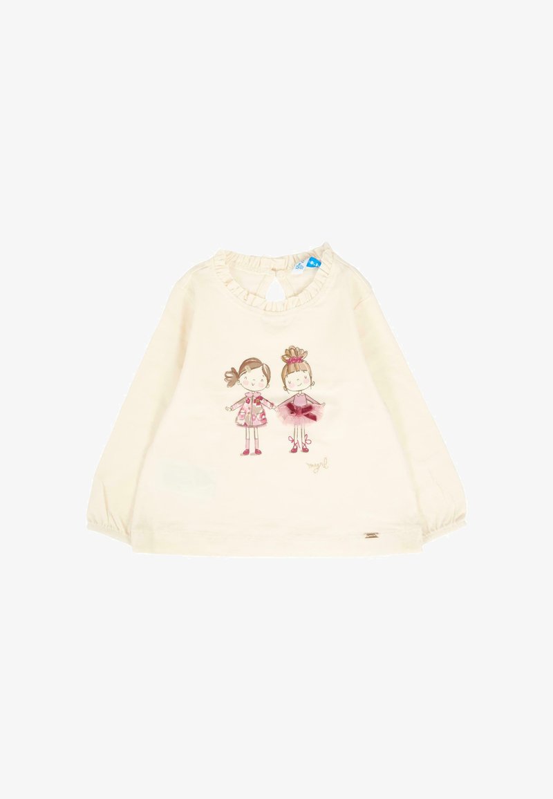 Długo rękawowa bluzka w kolorze kremowym z falbaną przy dekolcie, z dwoma ilustracjami dziewczynek w różowych strojach. Wytrzymała bawełniana tkanina z elastycznymi mankietami.