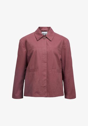 Bordeauxrød jakke lavet af glat stof, med krave, knaplukning og to forlommer. Klassisk, firkantet design med lange ærmer.