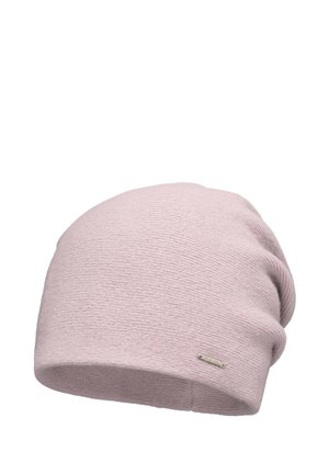 Bonnet en tricot rose avec une finition texturée, présentant un bord replié et un petit logo en métal argenté. Matériau doux et extensible pour le confort.