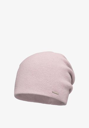 Różowy dzianinowy beanie o fakturowanym wykończeniu, z podwiniętym brzegiem i małym srebrnym akcentem logo. Miękki, elastyczny materiał dla komfortu.