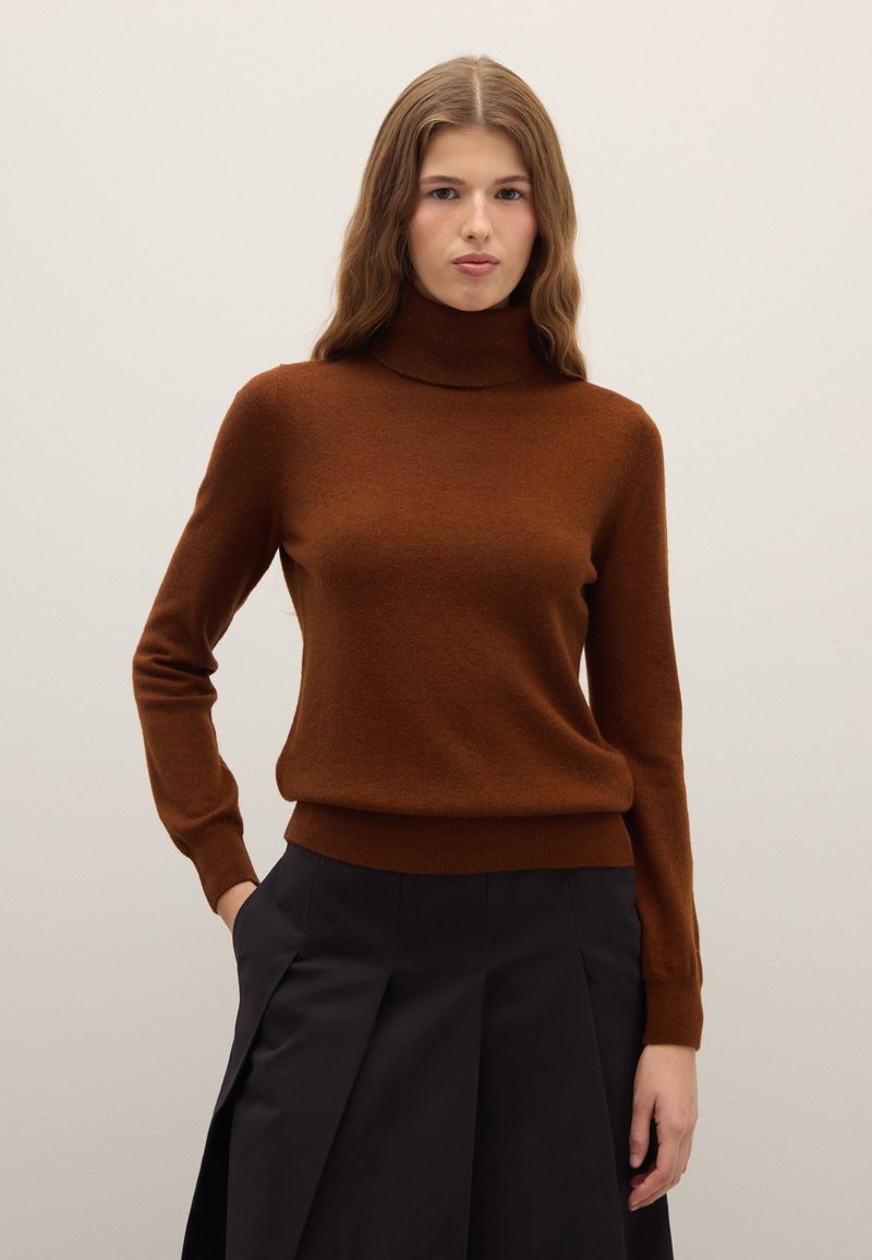 Brown turtleneck sweater in a soft texture, fitted at the waist, with long sleeves and minimal detailing, paired with a dark skirt.