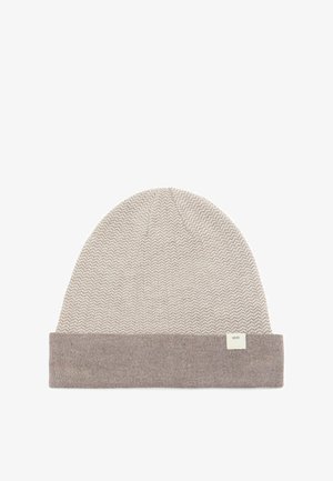 Pleteni bež i svijetlosmeđi zimski šešir s preklopom i suptilnim uzorkom cik-cak, na preklopu se nalazi mala bijela oznaka branda.