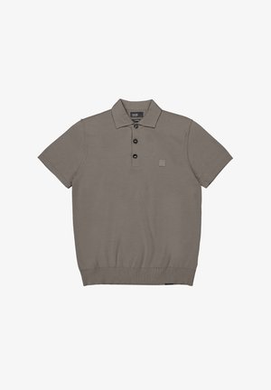 Korte mouwen kaki poloshirt met drie knopen en een klein vierkant logo op de linkerborst, geribbelde zoom en kraag.