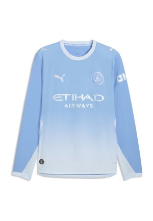 Manchester City fodboldtrøje med lange ærmer i lyseblåt og hvidt gradient med Puma og Etihad Airways logoer foran.