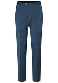 Blue tailored trousers with a textured fabric, straight leg design, and a button closure at the waist. Smooth finish with subtle pattern.
