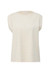 Bluzka z krótkim rękawem w paski w odcieniach kremowym i jasnobeżowym, okrągły dekolt, miękki materiał, luźny krój, minimalistyczny design bez dodatkowych detali.