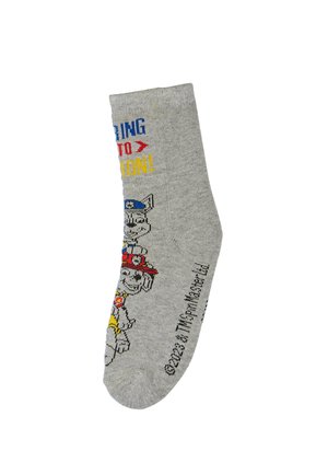 Chaussettes en coton grises avec des personnages de dessin animé en couleur. Le texte indique "PAW PATROL À LA RESCOUSSE !" avec des accents colorés.