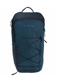 Donkerblauwe rugzak met geometrisch patroon op de stof, verstelbare bungee koord aan de voorkant, bovenhandvat en logo op het voorpaneel.