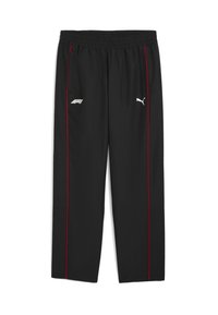 Schwarze Sporthosen mit roten seitlichen Akzenten, elastischem Bund und Logos am linken Oberschenkel und rechten Hüfte. Hergestellt aus leichtem Material.
