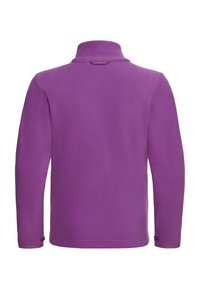 Veste en polaire violette à manches longues avec un col montant, vue de dos sur un fond blanc.