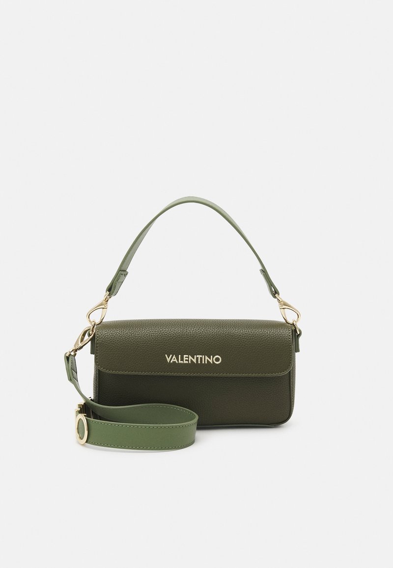 Olive green Valentino leather shoulder bag with detachable wide strap and gold-tone hardware on a white background.